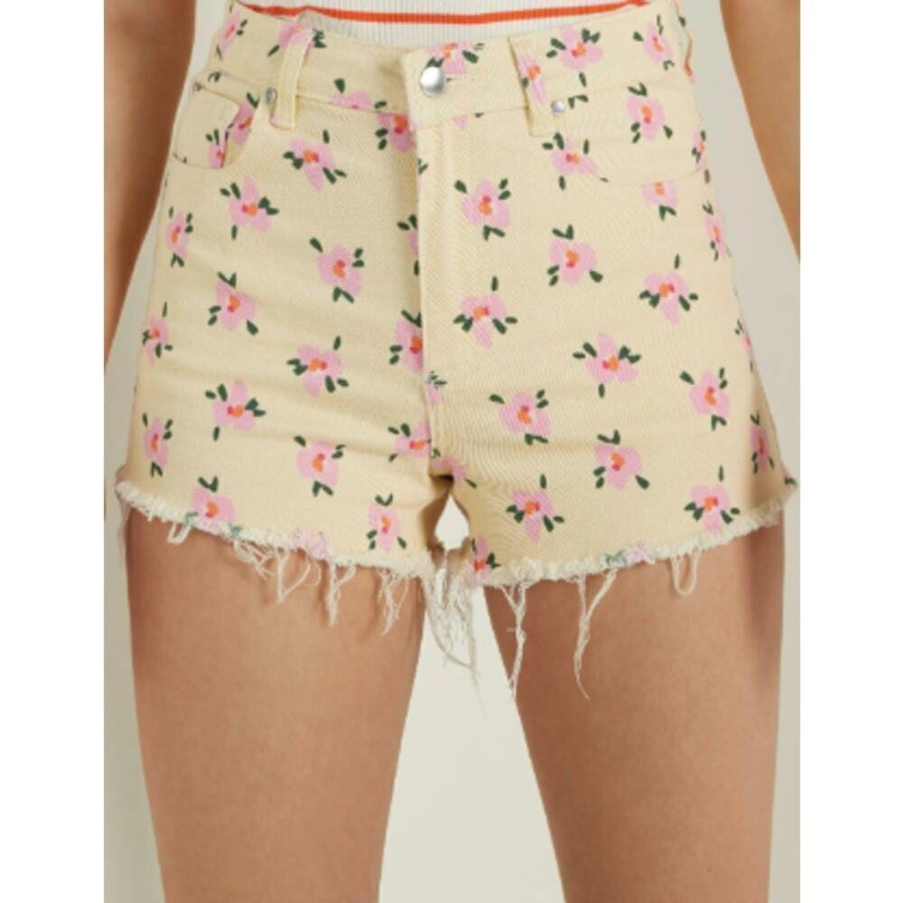 Tezenis High Rise Floral Print Raw Hem Jean Shorts Yellow Pink Size Medium